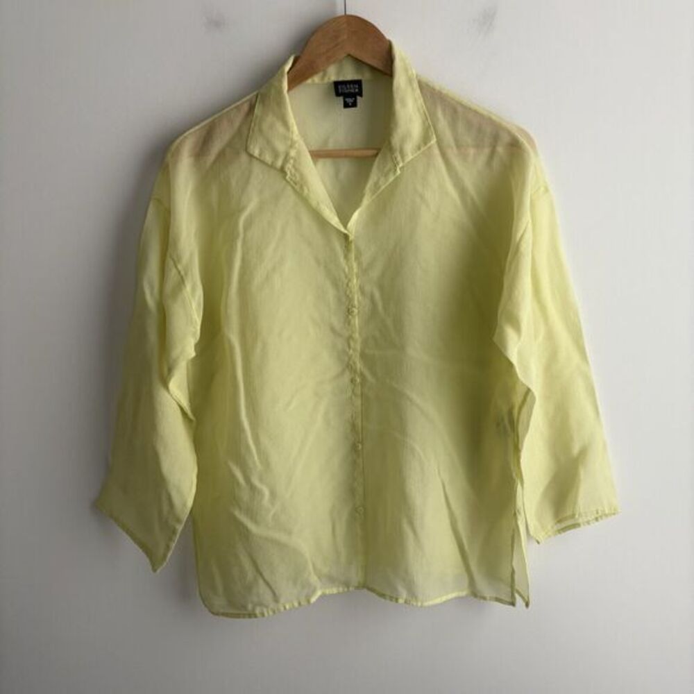 Eileen Fisher Small Top Womens Long Sleeve Yellow Sheer Blouse Button Front VTG